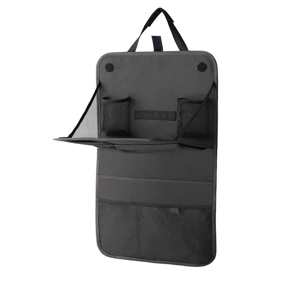 Car seat back storage bag in black Oxford cloth with multi-pockets, hanging on car seat back, 38x60cm