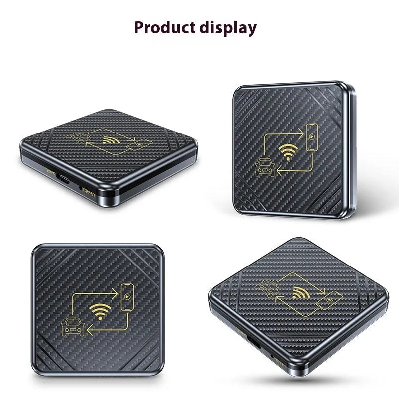USB wireless CarPlay and Android Auto adapter box in gold and white colours