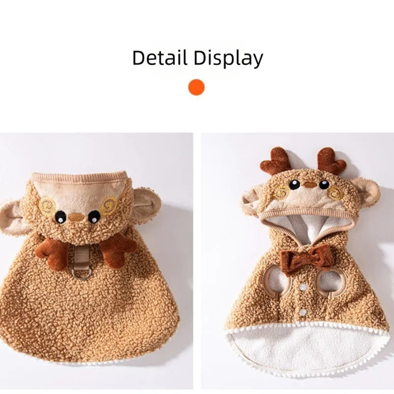 Green granular velvet Christmas pet cape with tree-shaped hat and star on a small dog