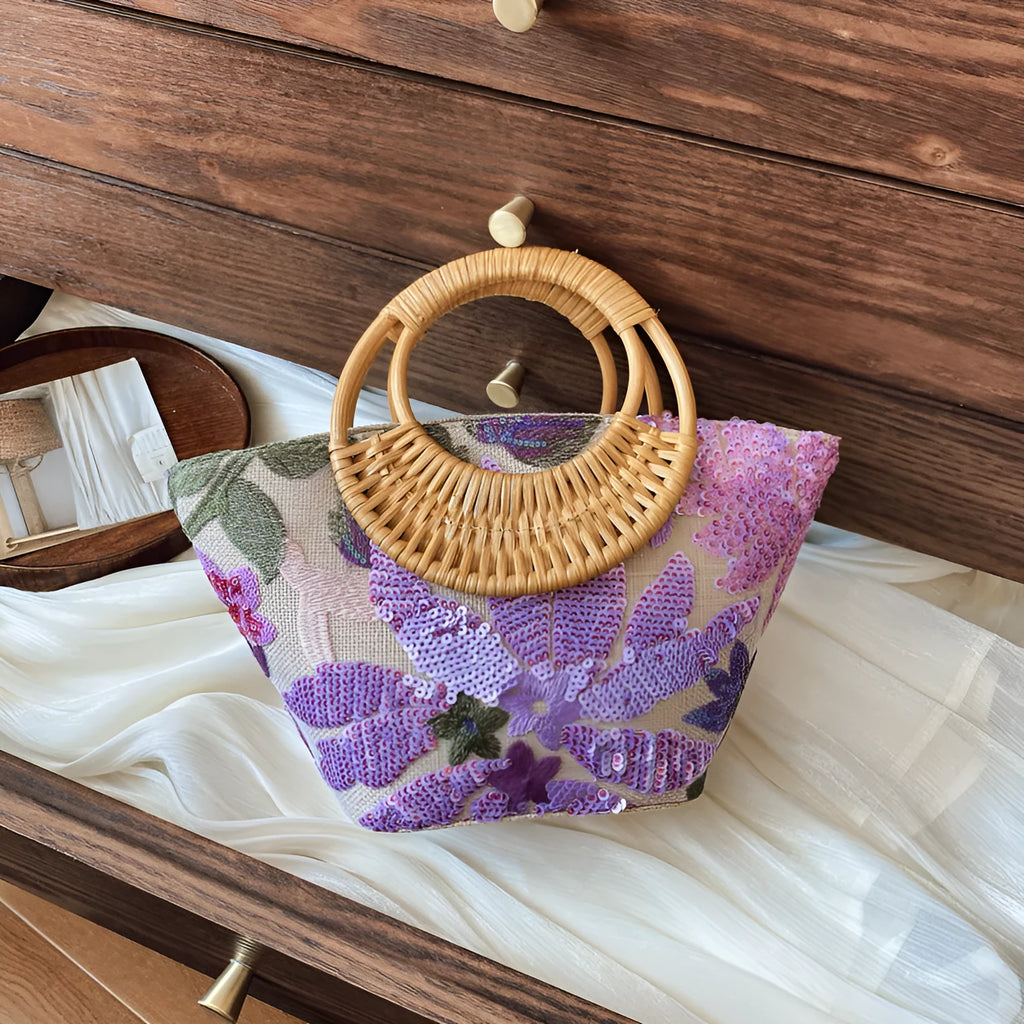 Cotton linen cylinder bag with sequin embroidery in lavender