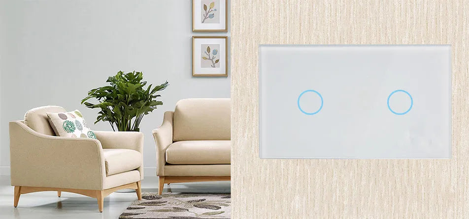 White wireless RF touch light switch with tempered glass panel showing red and blue LED indicators