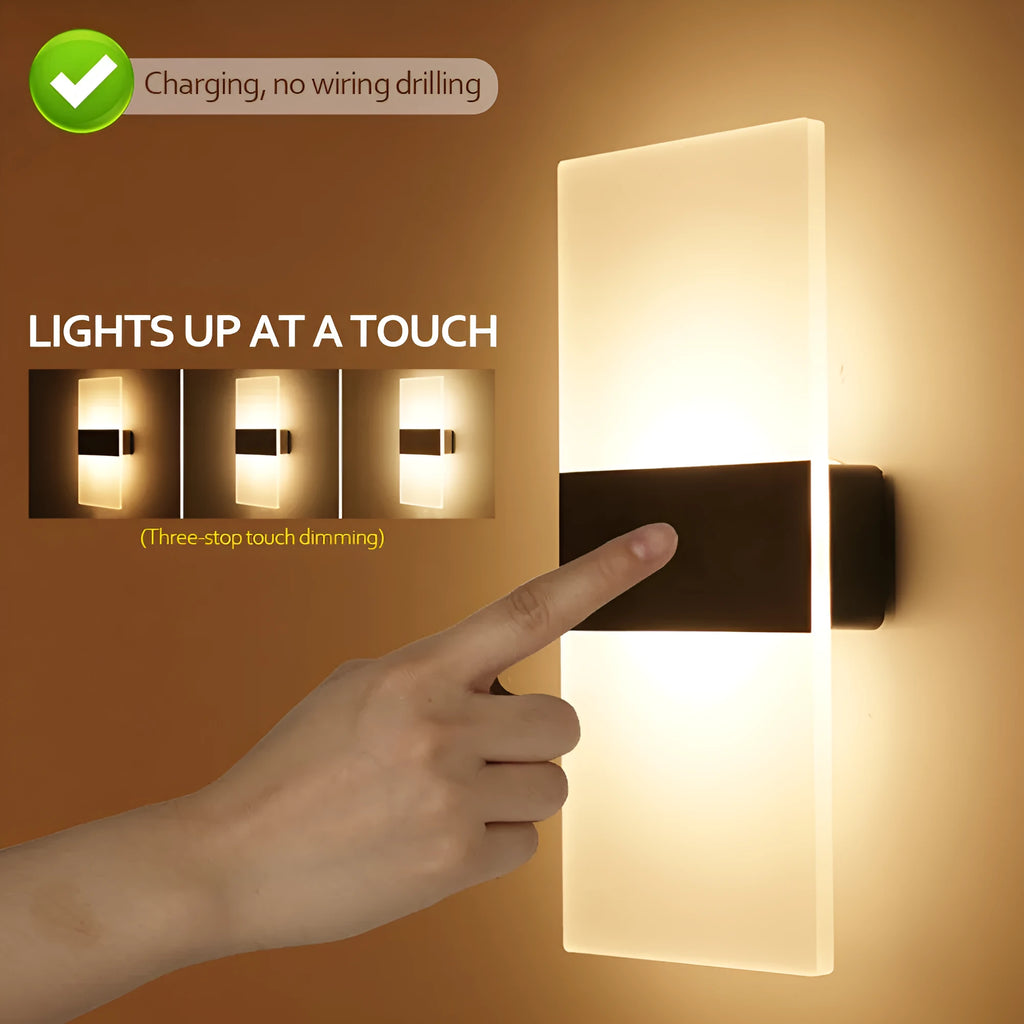 Rechargeable LED wall lamp with acrylic shade in black right-angle style