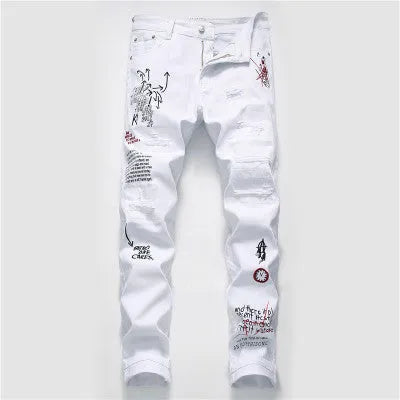 White shredded embroidery jeans in cotton denim, sizes 29-38, with ripped and embroidered details.