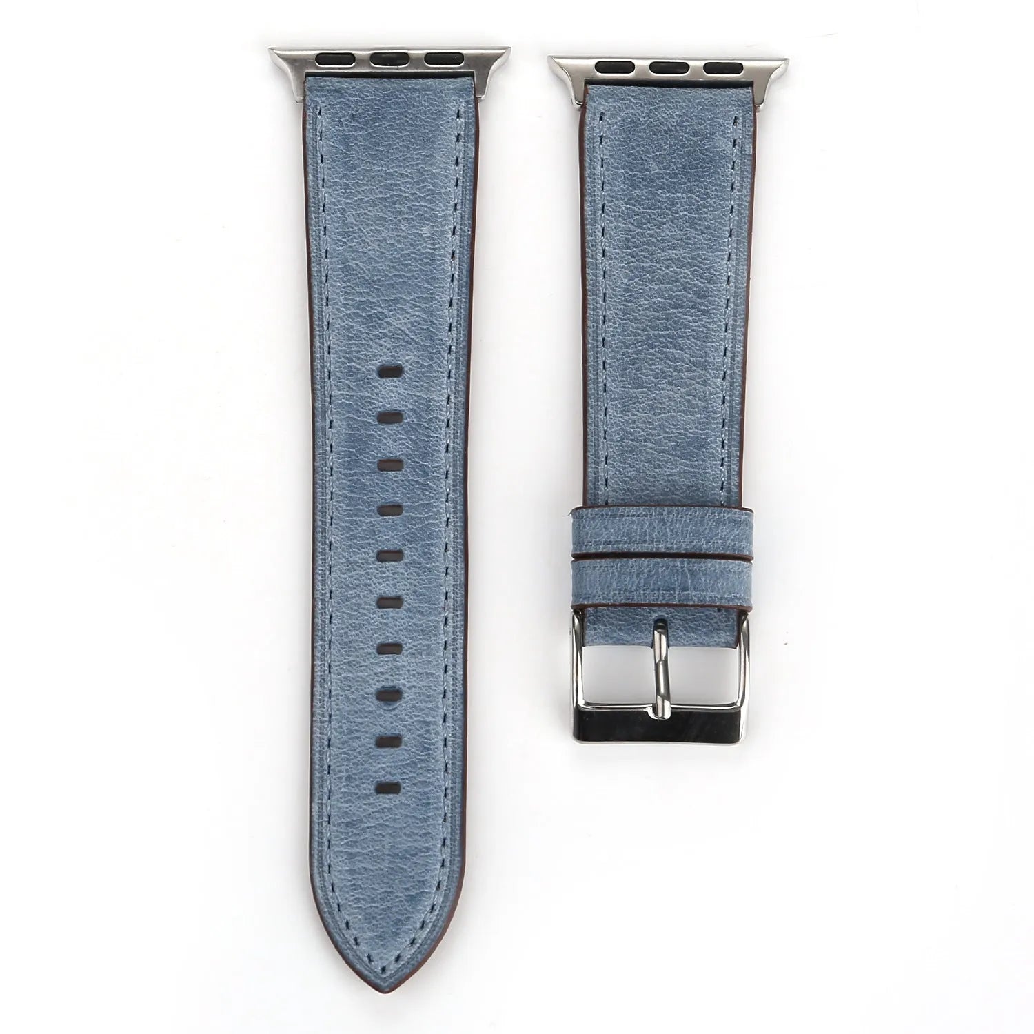 Leather watch strap with a folding buckle shown in multiple colour options.