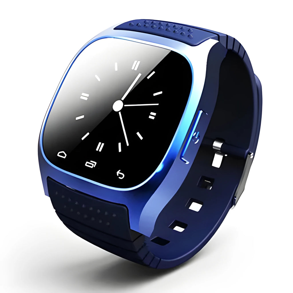 A smart Bluetooth sports watch in black, white, or blue, shown on a wrist.