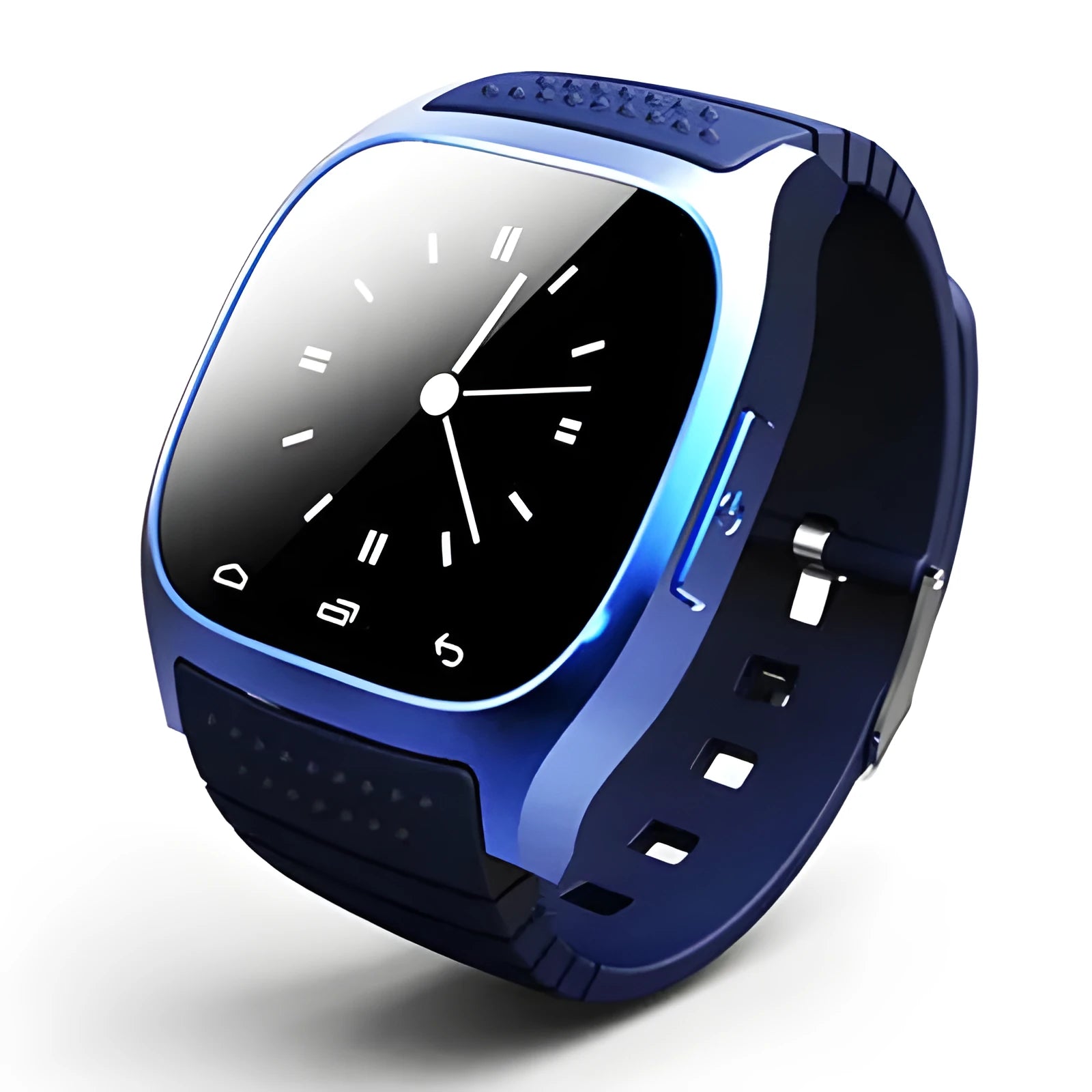 A smart Bluetooth sports watch in black, white, or blue, shown on a wrist.