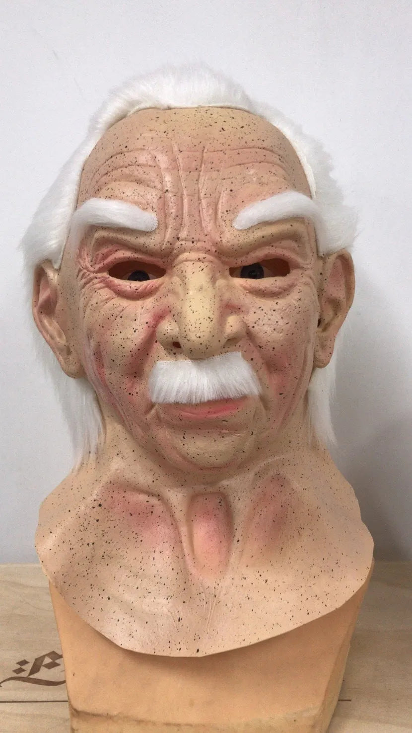 Latex old man mask with white hair and white beard for Halloween fancy dress