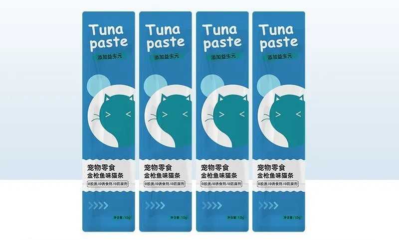 Pack of cat strip snacks for childhood stage cats showing four flavour variety options