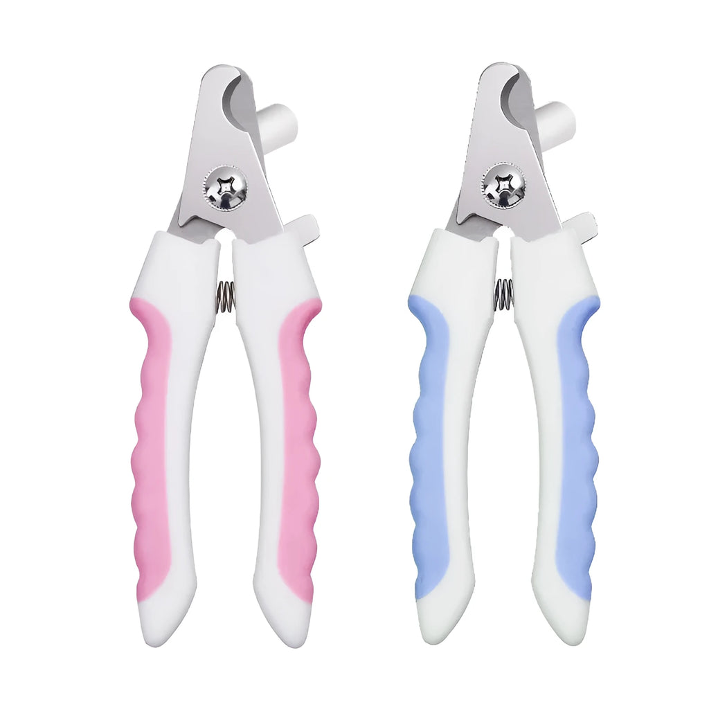 Pet nail clippers with stainless steel half-moon blade and transparent baffle in blue and pink