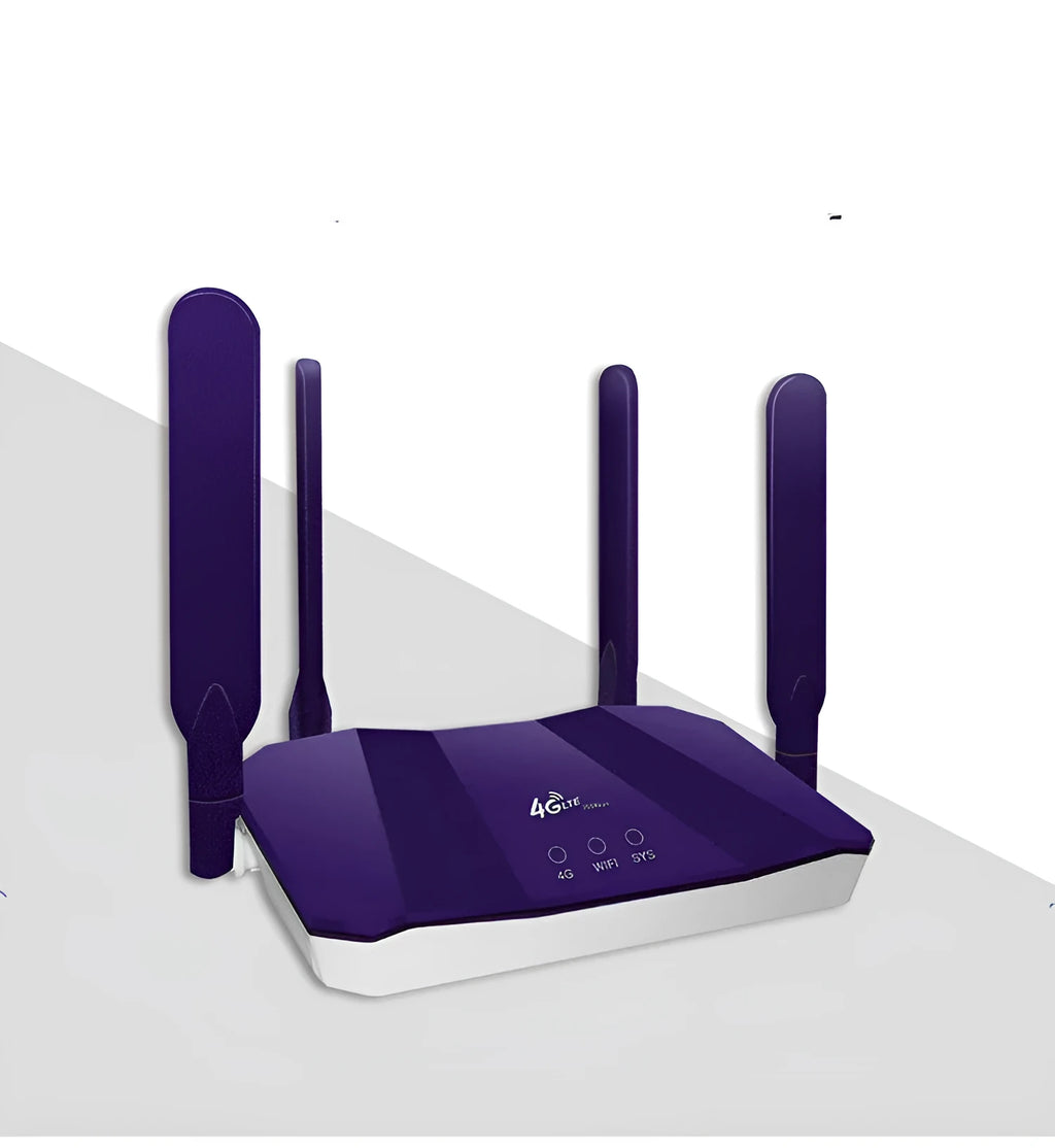 Blue 4G dual-mode wireless router with four extended antennas showing front panel with indicator lights