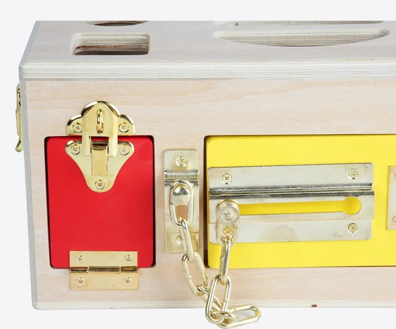 Wooden shape lock box educational toy with 12 pieces for preschool learning
