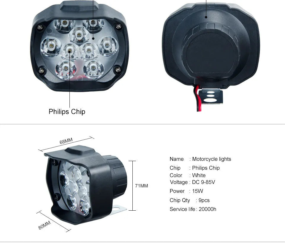 K2 motorcycle LED headlight external spotlight with 9 beads, 10V-85V wide voltage, SMD3030 light source