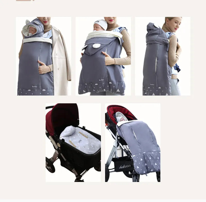 Baby carrier cloak cover windproof quilt coral fleece 78x64cm with detachable hood and reflective tape in Blue
