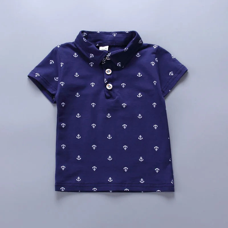 Children's anchor print cotton pants suit set in Korean style with short sleeves