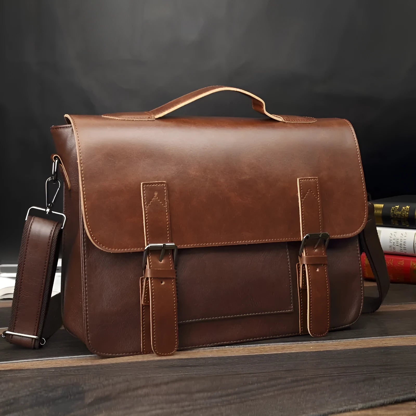 Men's casual shoulder bag in black PU leather, horizontal square shape, 36x29x11cm, with cover-style opening