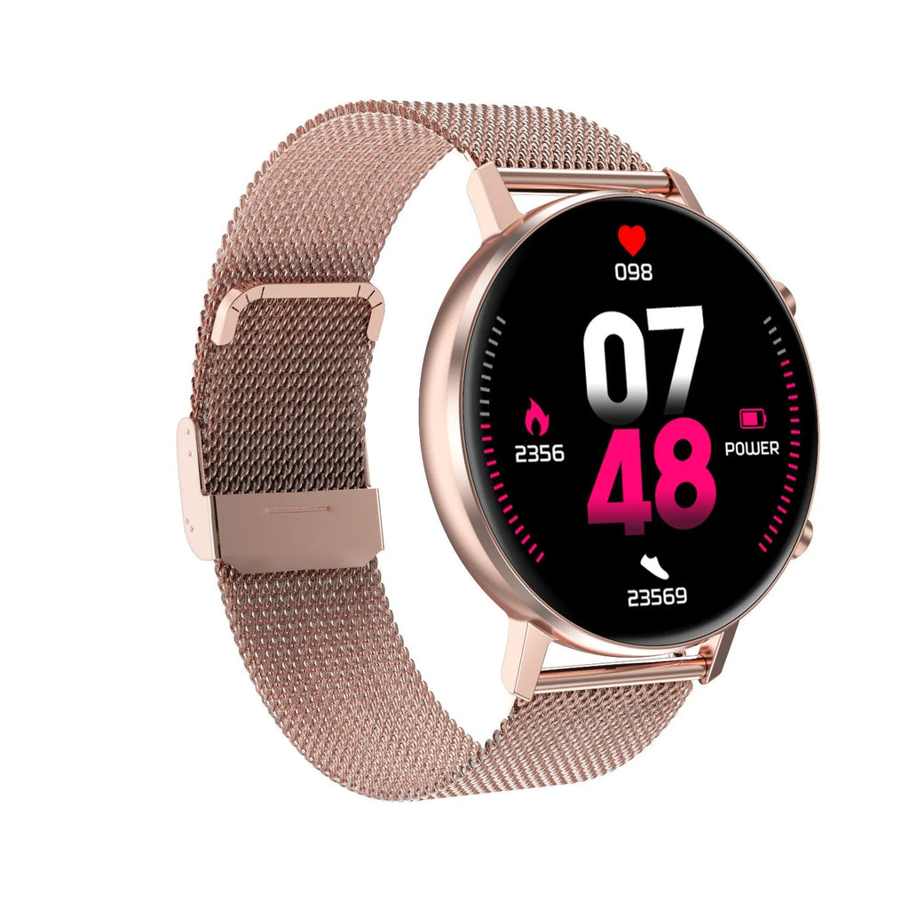 DT96 smart bracelet with metallic strap shown in black, rose gold, and silver colour options.