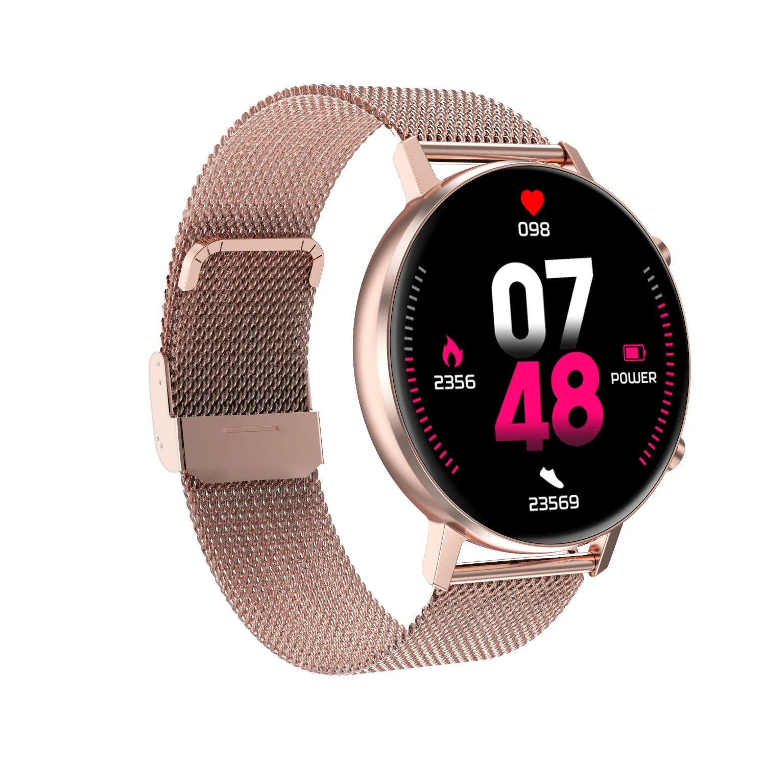 DT96 smart bracelet with metallic strap shown in black, rose gold, and silver colour options.
