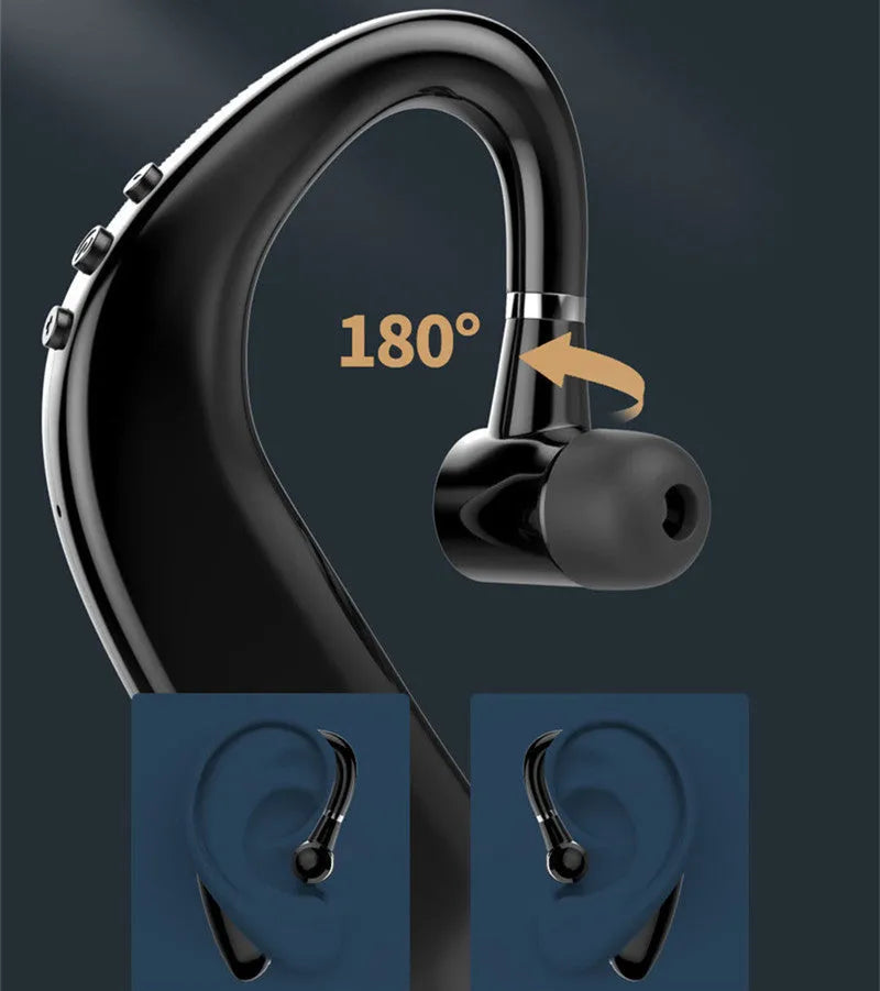 A single black or blue wireless Bluetooth in-ear headset with a rotatable earpiece, shown with its charging cable.