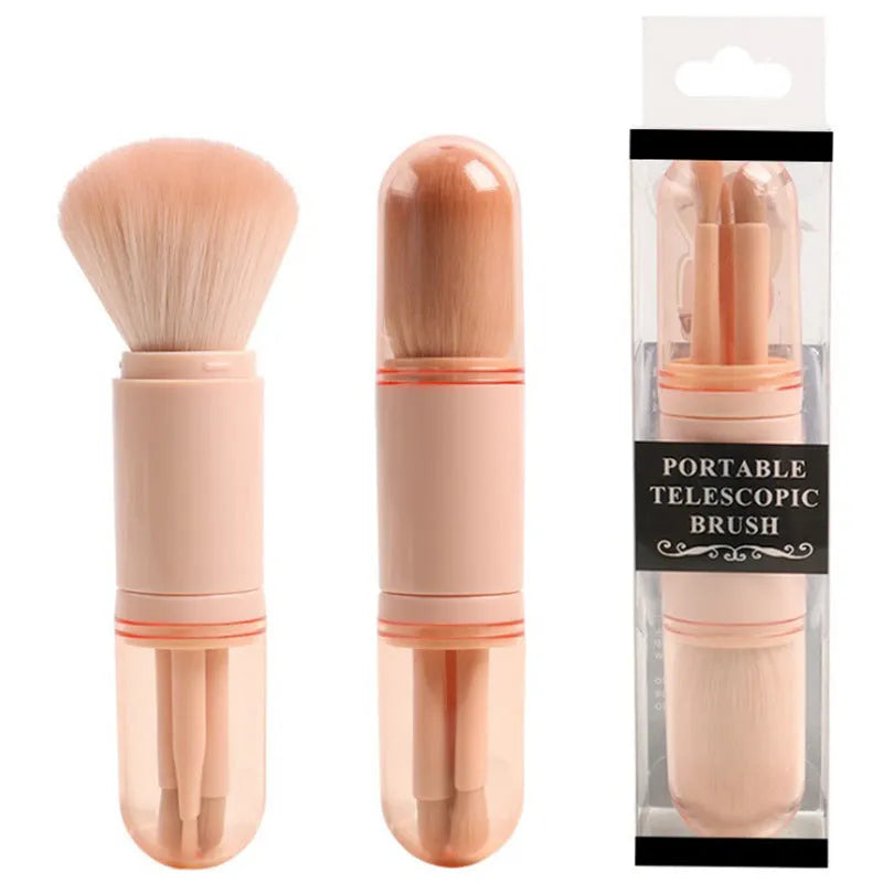 Single 4-in-1 retractable makeup brush set with four skin-colour bristle heads, 14cm total length, on a white background
