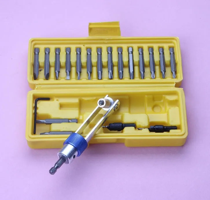 Half Time Drill driver attachment with swivel head and set of Phillips, flathead, and countersink drill bits