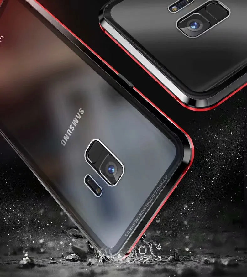 Magnetic anti-peeping Samsung phone case with clamshell design and double-sided glass construction