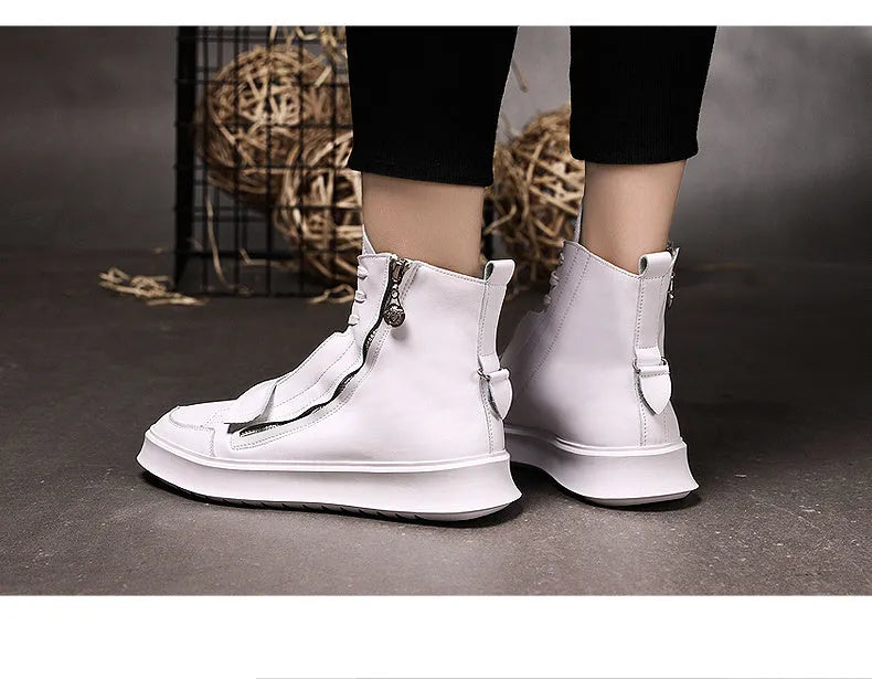 Men's black PU leather high-top winter ankle boots on a white background, showing sneaker-style design.