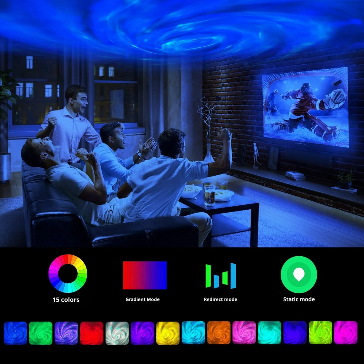 Northern lights projection lamp with remote control, showing aurora and flame effect, 3W, plug-in or rechargeable.