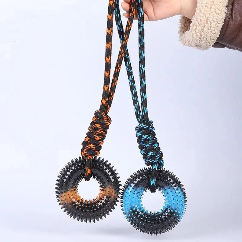 Double colour knot rope dog toy with barbed circle in blue and orange, 48x12.5cm