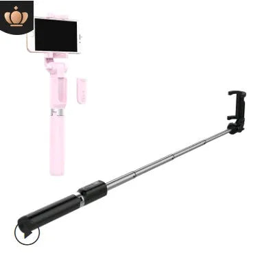 Black Bluetooth selfie stick with tripod bracket extended, holding smartphone