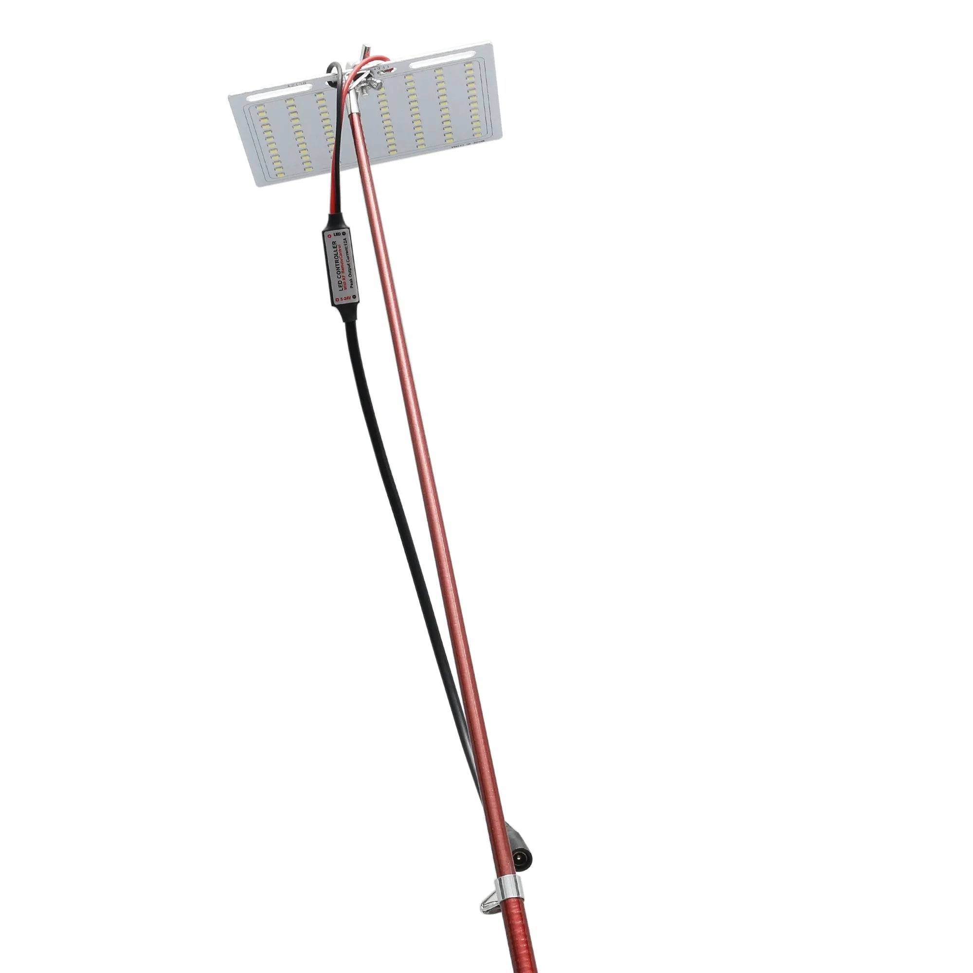 White LED fishing rod light with telescopic pole extended, showing remote control and connection cables