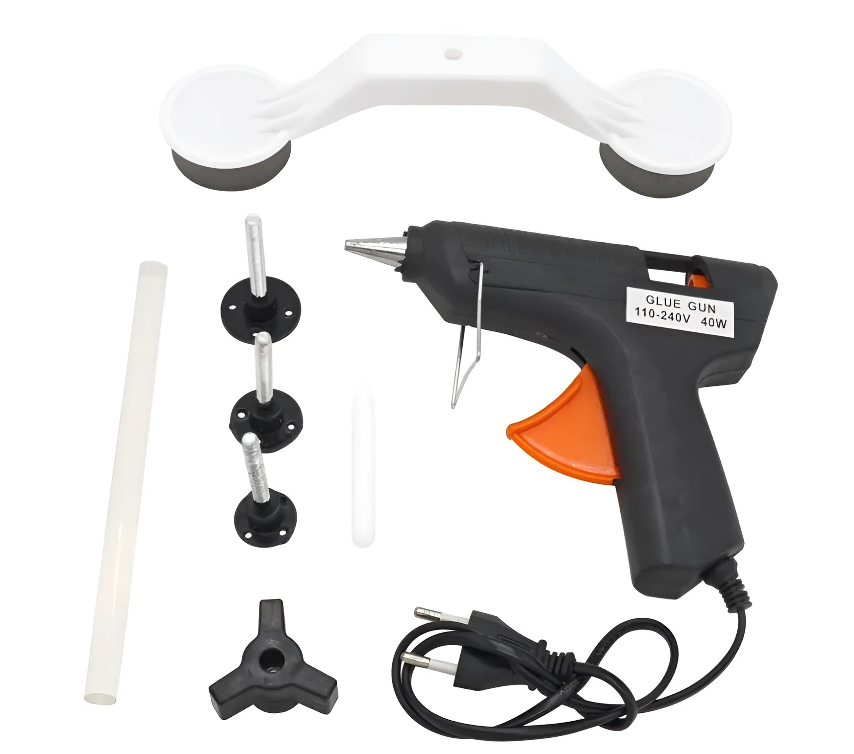 Car body dent repair tool kit with plastic glue gun, holder, glue stick, and three traction strips, 250V EU/US plug
