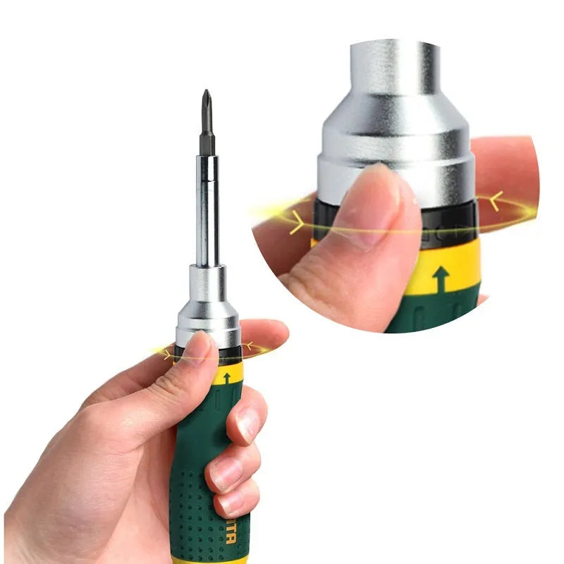 19 in 1 ratchet screwdriver set with 18 SVCM steel bits and green anti-slip handle