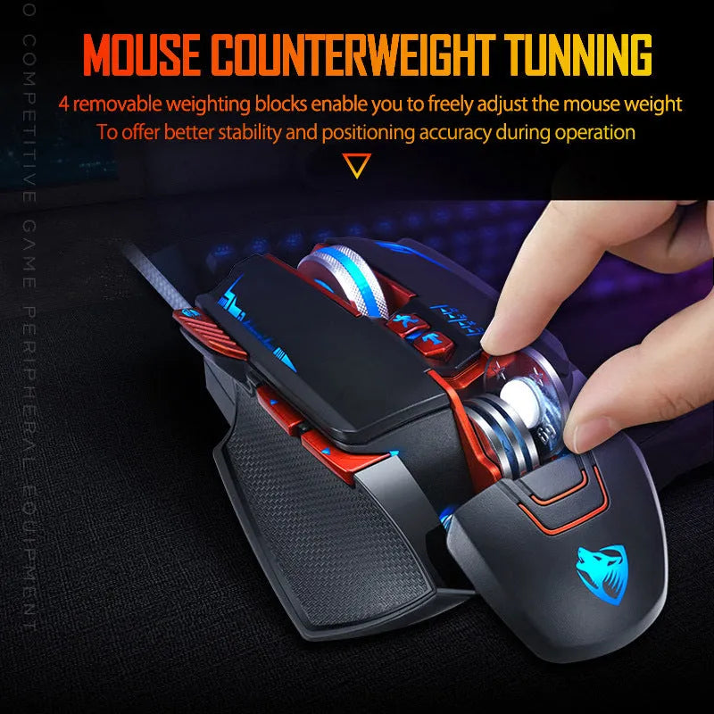 Thunder Wolf V9 black wired gaming mouse with 6 buttons and USB connector on desktop