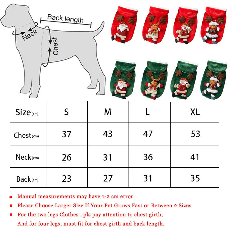 Small dog wearing a Christmas flannel hoodie in Red Santa Claus pattern standing on grass