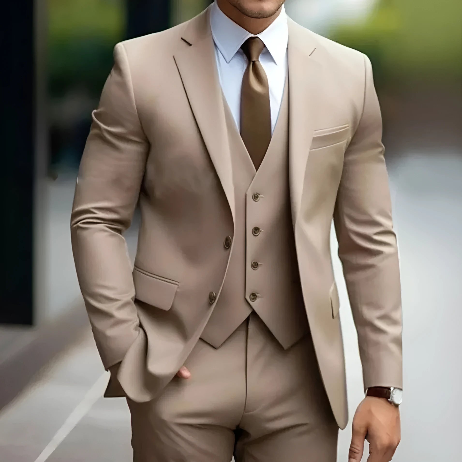 Men's three-piece slim fit wedding suit in champagne with coat, vest, and trousers