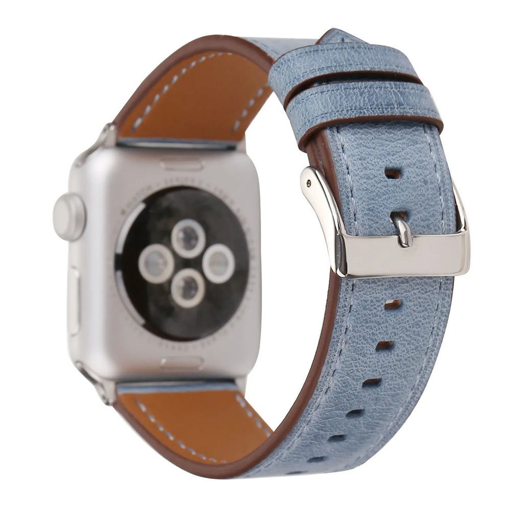 Leather watch strap with a folding buckle shown in multiple colour options.