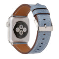 Leather watch strap with a folding buckle shown in multiple colour options.