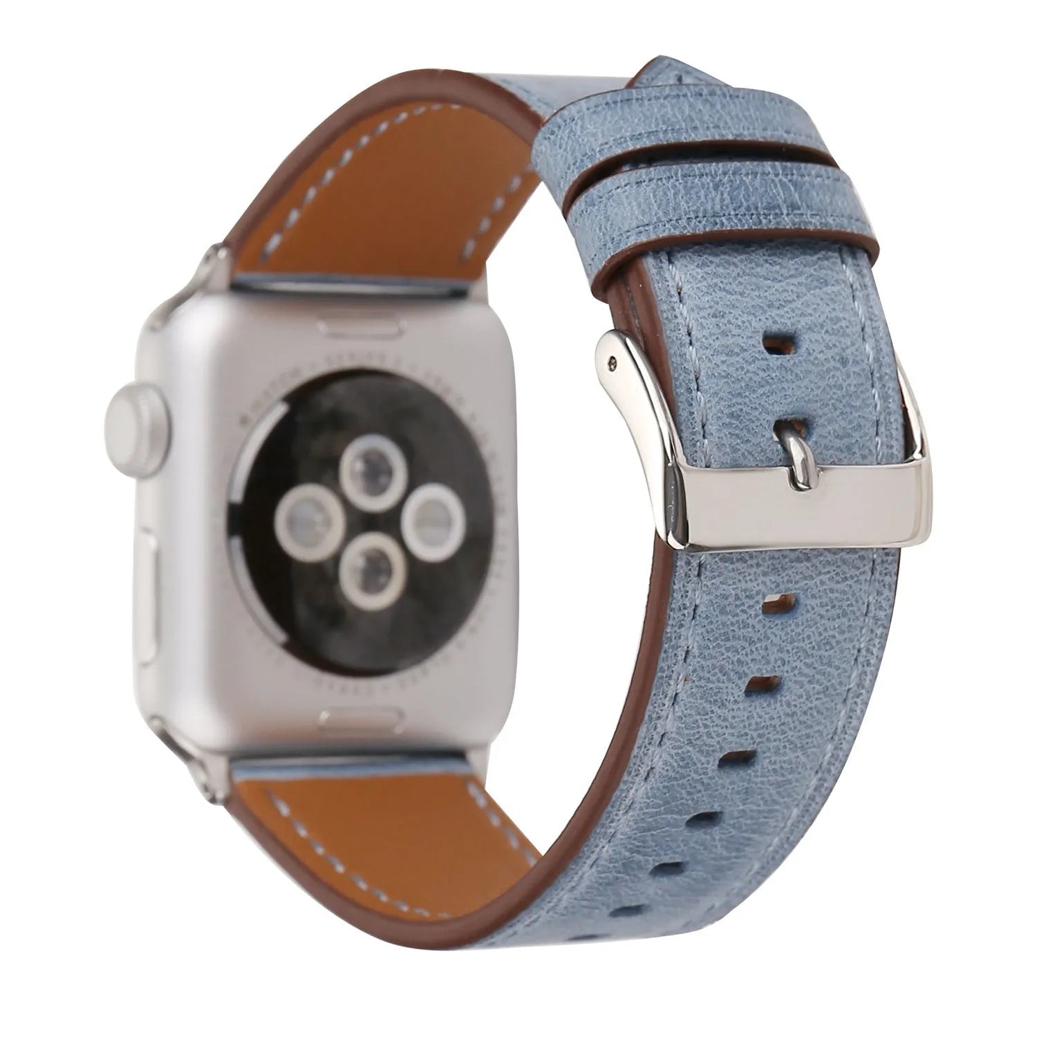 Leather watch strap with a folding buckle shown in multiple colour options.
