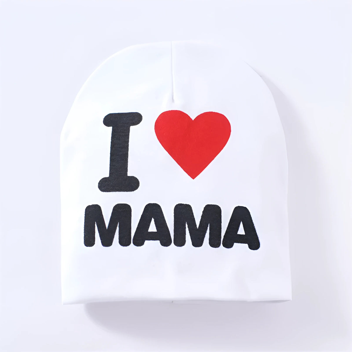 Baby winter hat in grey with 'Love Mama' embroidery, laid flat showing its 20cm height.