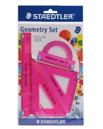 Four-piece plastic ruler set with 15cm ruler, triangles and protractor in transparent and neon colours