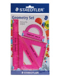 Four-piece plastic ruler set with 15cm ruler, triangles and protractor in transparent and neon colours