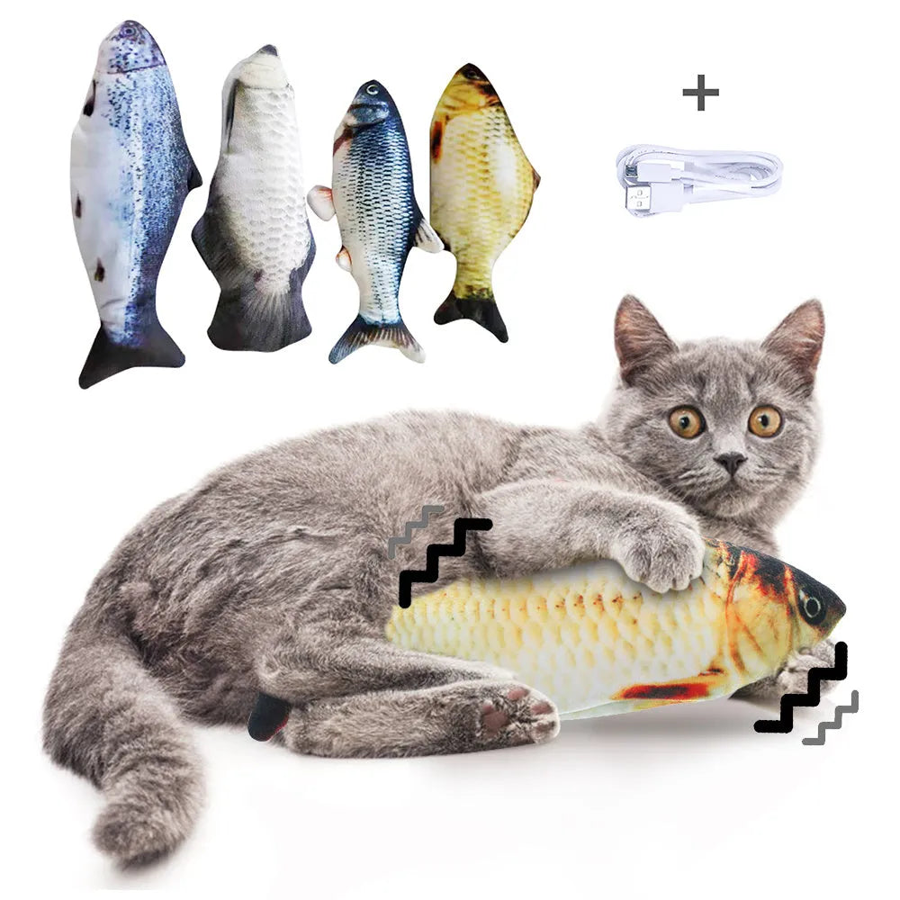 Electronic jumping fish cat toy with USB charging cable in multicolour 30cm design