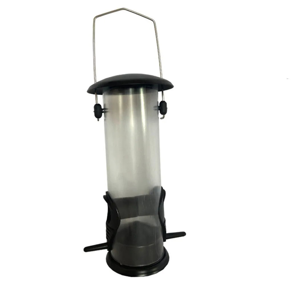 Outdoor hanging automatic bird feeder black with metal top and transparent plastic tube