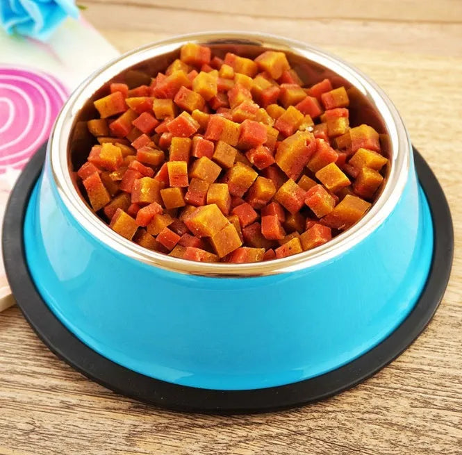 Stainless steel and melamine pet feeding bowl with non-slip base in multiple colour options