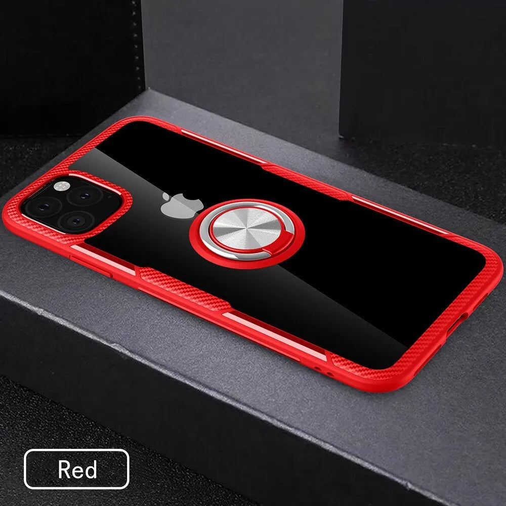 Black PU leather back cover case fitted on an iPhone 11 Pro Max showing full access to camera and ports.