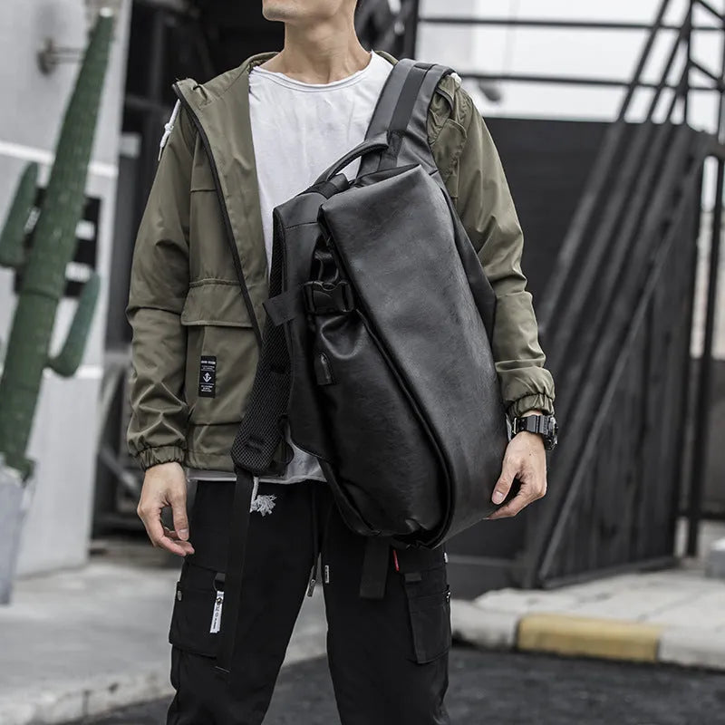 Korean men's PU leather shoulder bag in black with car suture, square shape, double strap, and cover bag