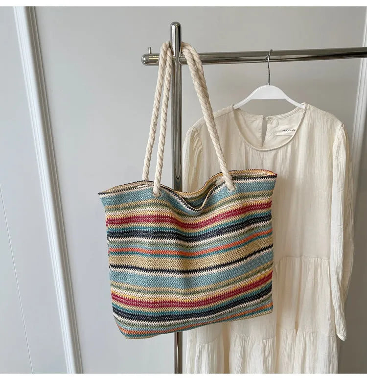 Blue woven nylon shoulder bag with large capacity and polyester lining