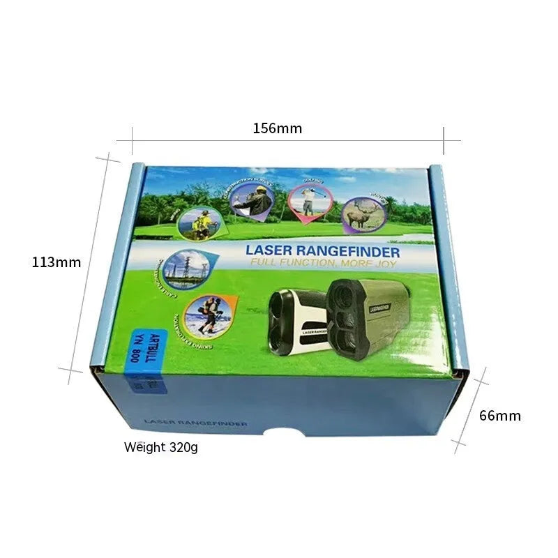 Laser golf rangefinder telescope 102x35x69mm with LCD display and CR2 battery, available in four colours