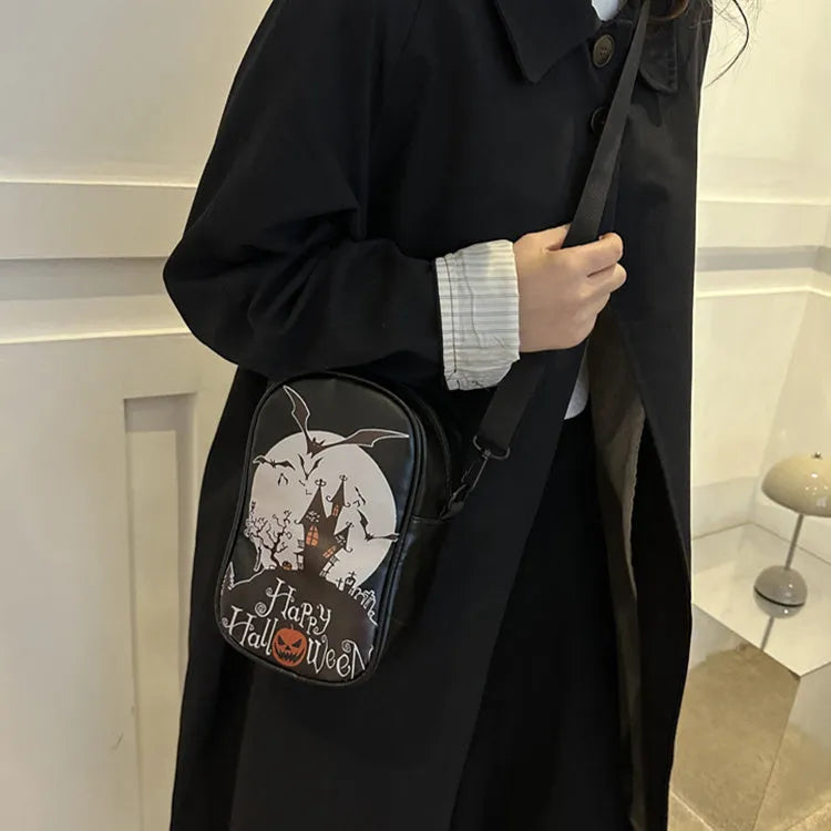 Halloween graffiti crossbody bag with pumpkin ghost bat print in medium 14x23x9.5cm size
