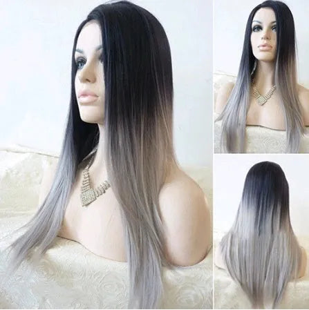 65cm long straight ombre gray wig with high temperature fibre and slanted fringe option